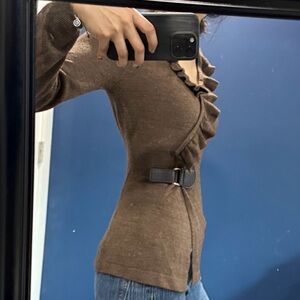 Brown Ruffled Cardigan with Belt